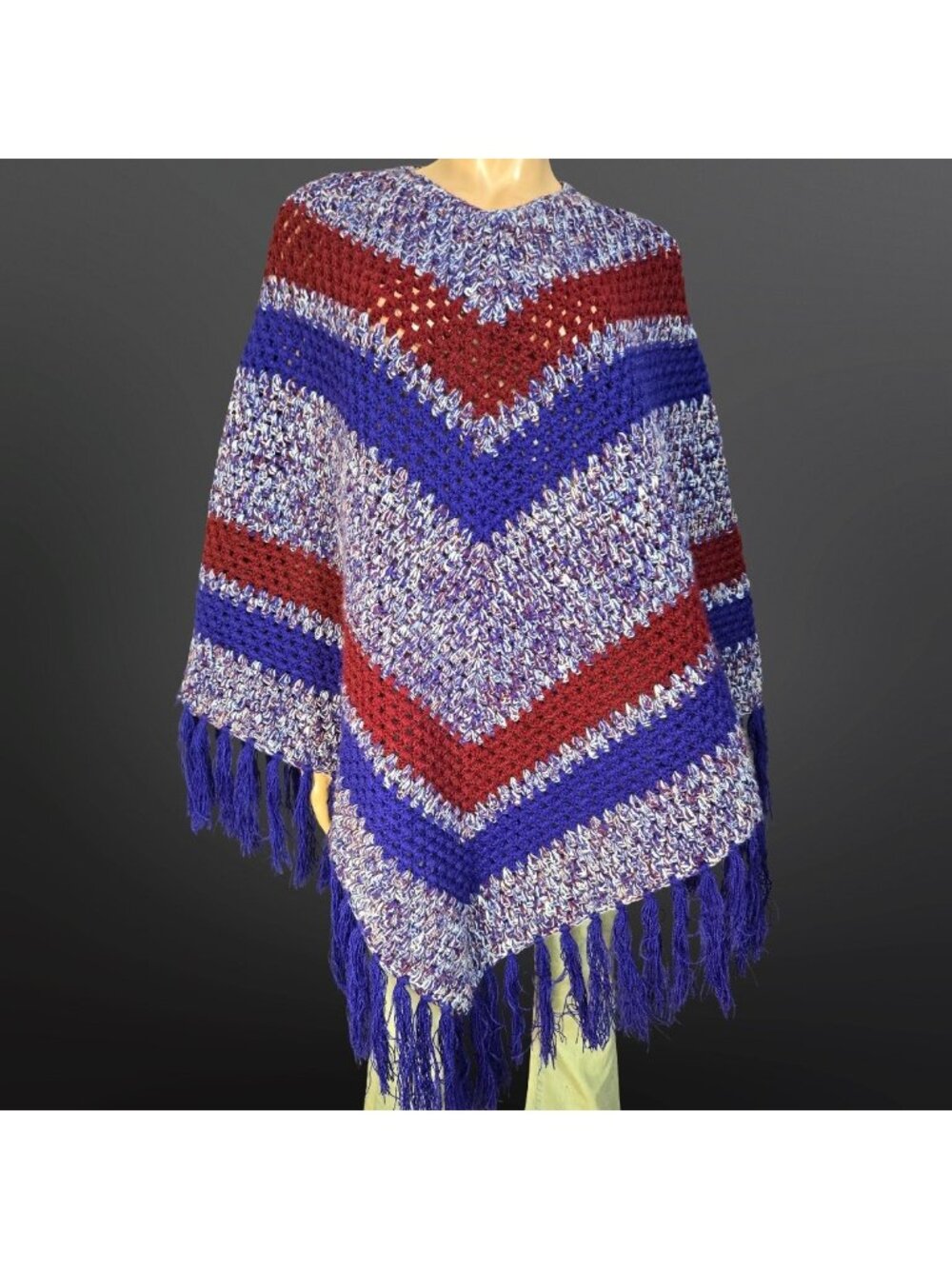 Vintage Fringed Poncho Hand Made Crochet Purple Burgundy Striped Whimsigoth 70s